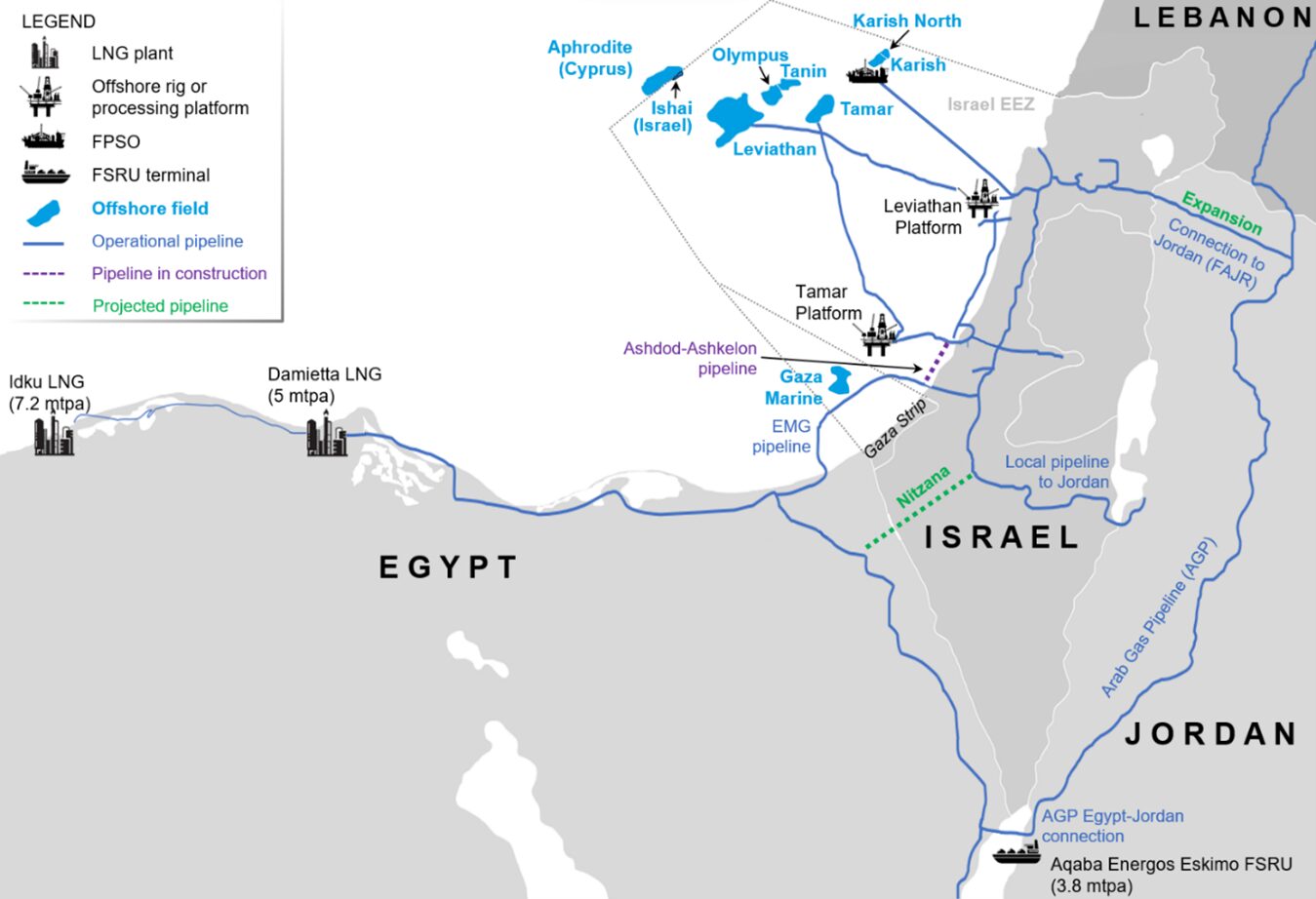 Map of Israel’s key gas fields & export pipelines, Egypt, Jordan LNG infrastructure